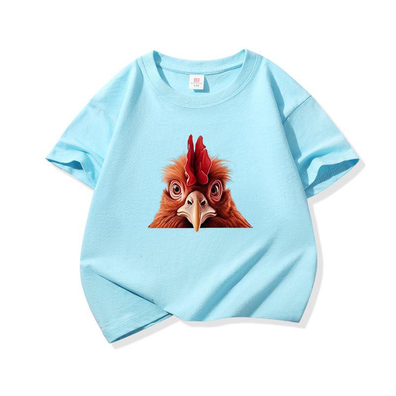 Kids Cotton T Shirt Cute Peeking Chicken Print Crew Neck Short Sleeve Tee Casual Breathable Boys Girls Summer Tops