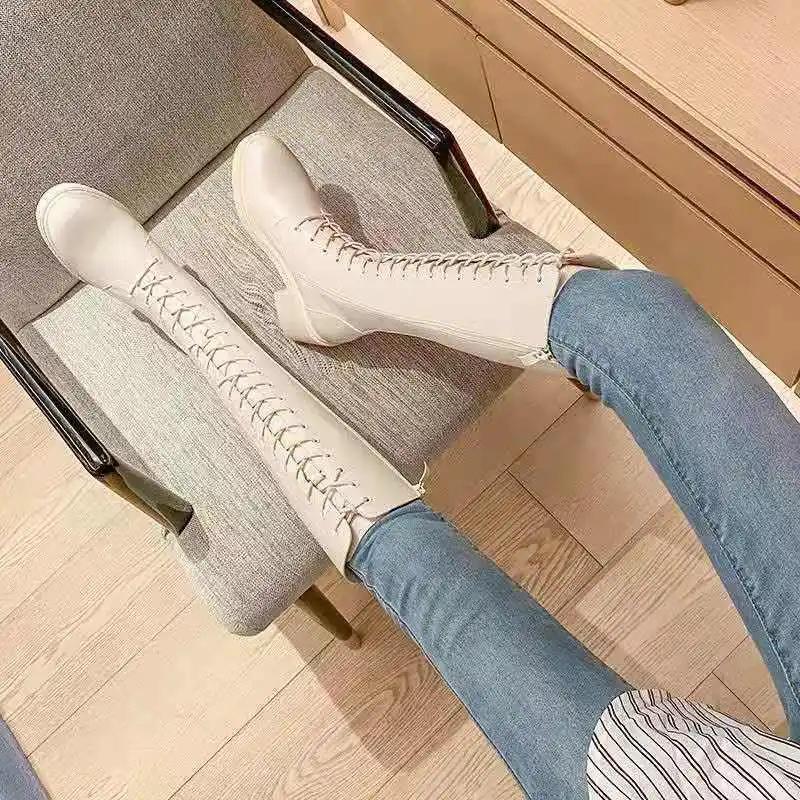 Leather Elegant Ladies Knee High Shaft Shoes Round Toe Demi-season Large Size Warm Trend 2024 New In On Offer Women's Long Boots