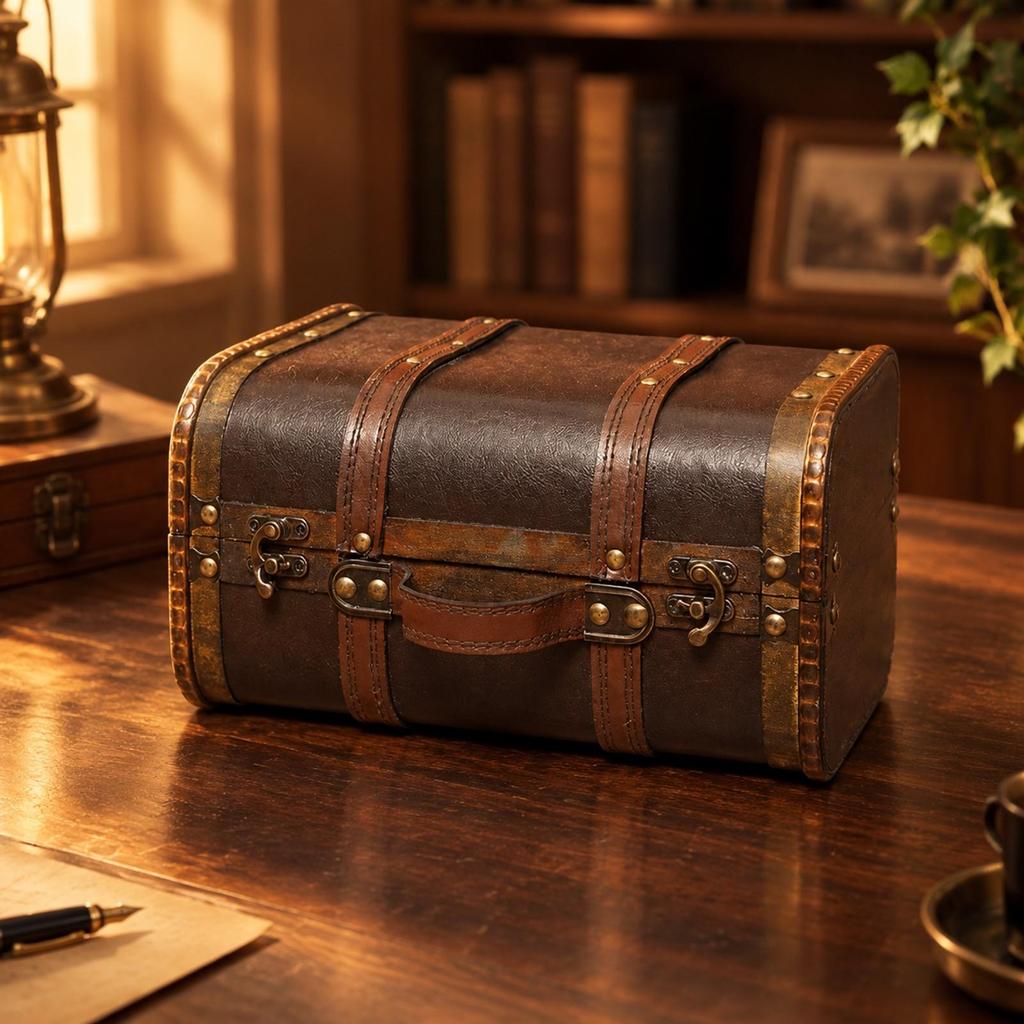 VintageStyle Handheld Storage Trunk AntiqueThemed Wood Frame with Faux Leather
