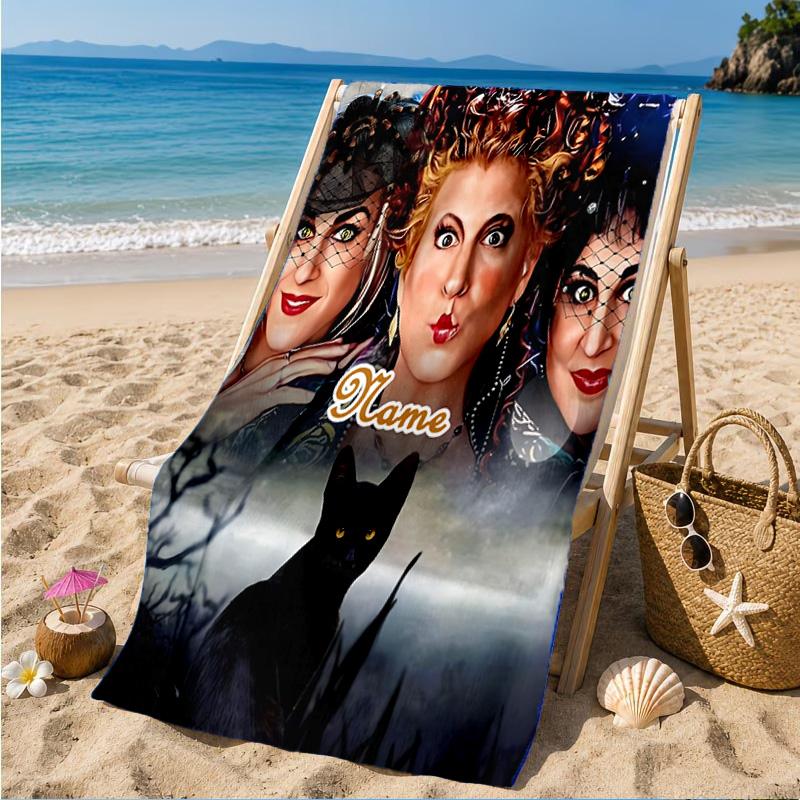 Custom Name Witches Collage Heart In Space Adventure Microfiber Beach Towel, Lightweight for Summer Travel, Swimming Pool Fan Gift