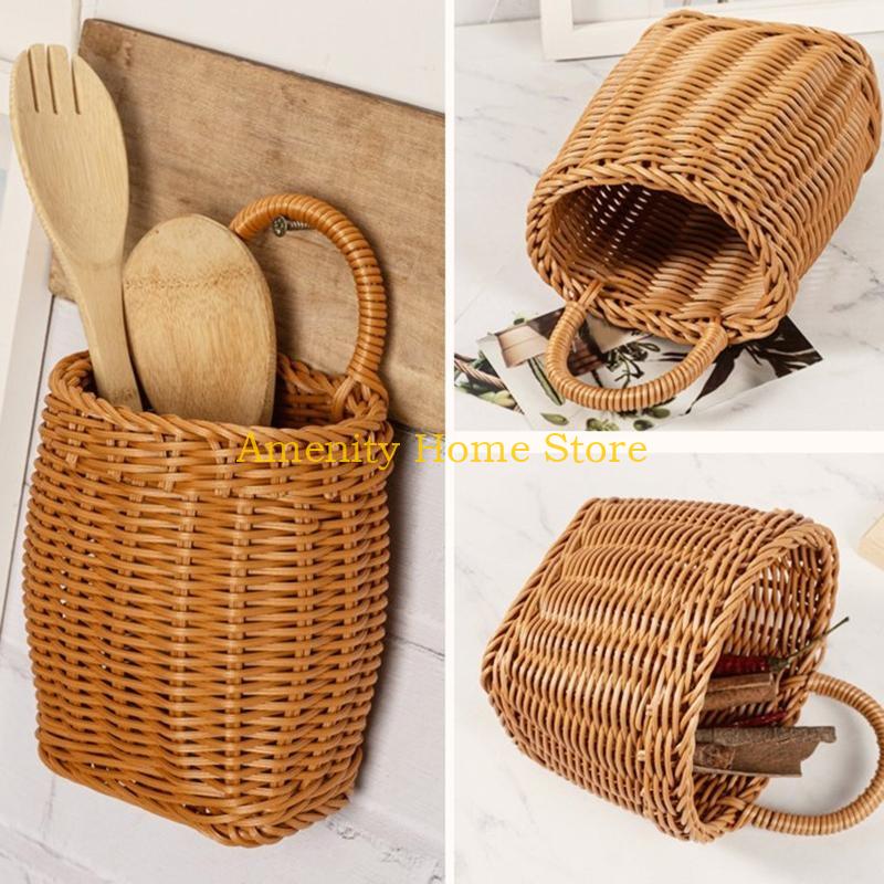 F26C Kitchen Storage Basket with Handle Hand-woven Hanging Baskets for Living Room Fruit Flower Sundries Home