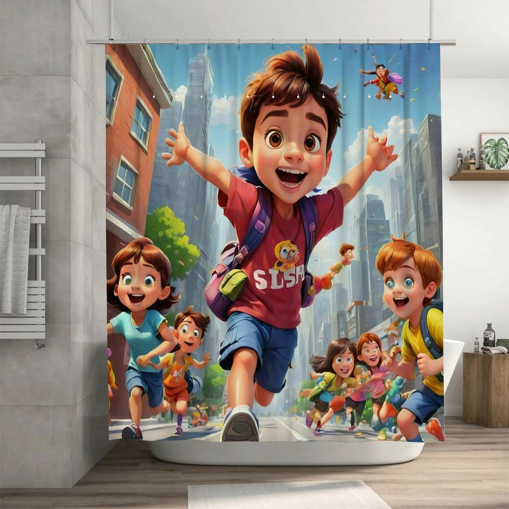 Happy Kids Running Shower Curtain | Fun and Colorful Bathroom Decor
