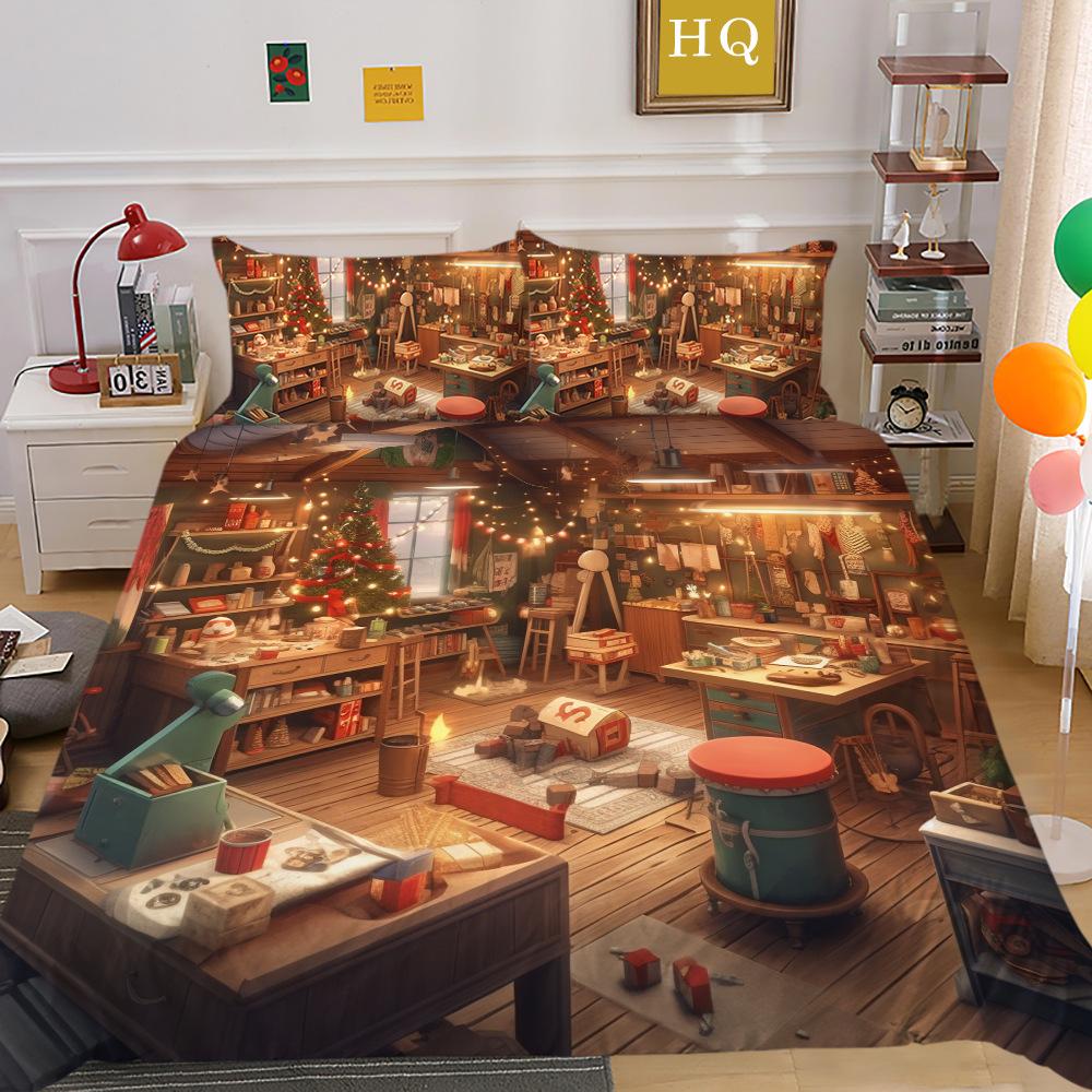 Jultomte Älg 3D-tryckt Polyester Örngott Täcke Två- eller Tredelat Set Tillgängligt