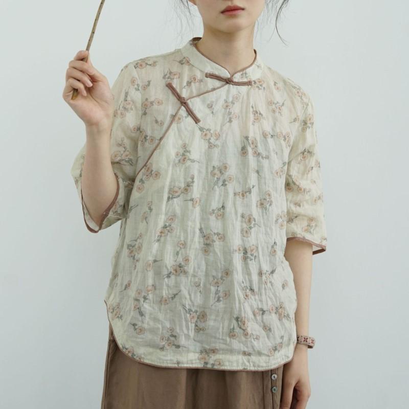 Johnature Women Chinese Style Shirts Tops Stand Half Sleeve Tops Summer Vintage Print Floral Blouses