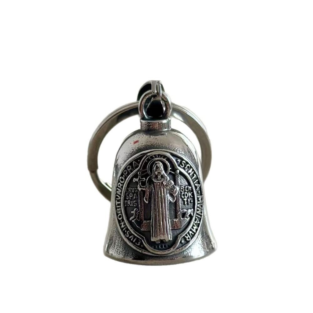 Saint Benedict Motorcycle Guardian Bell Retro Biker Good Luck Charm Religious Cross Key Chain