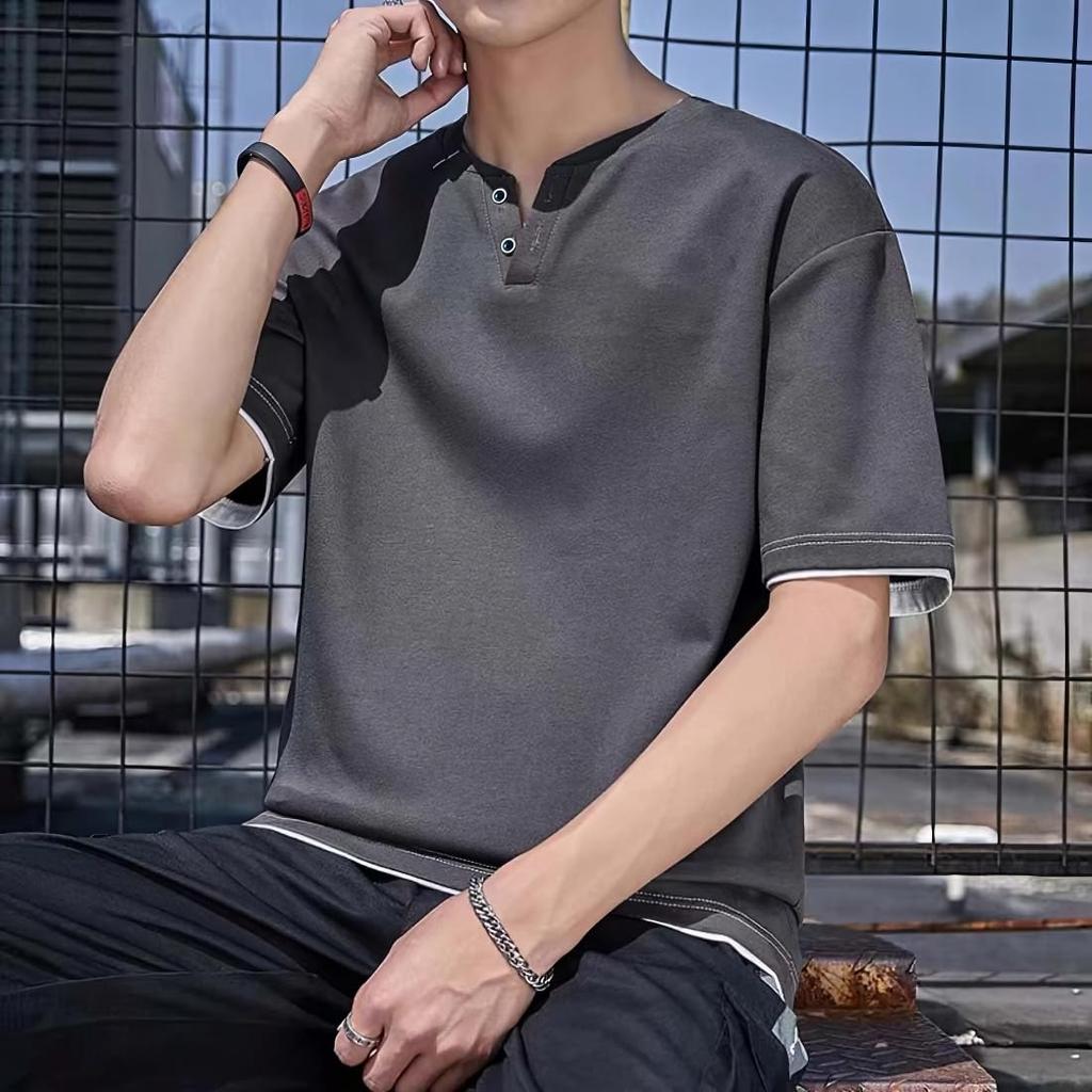 Yezai Short Sleeve Layered Summer Loose Solid Cool Summer Plus Sizes Men's T-Shirt, Breathable, Quick-Drying, V-Neck, Casual, Fit, Color, Stylish,