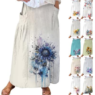 Women  Casual Loose Boho Elastic Waist A-Line Beach Flowy Swing Vacation Maxi Skirt With Pocket
