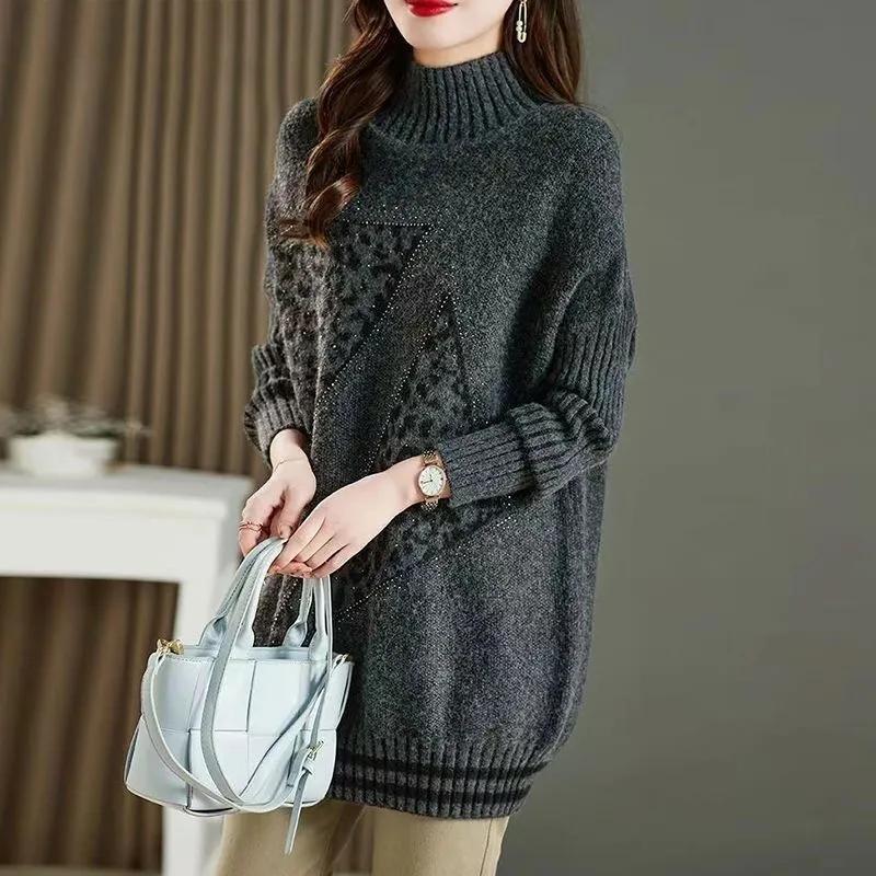 Sweater for Women Thickened Turtleneck Pullover Warm Knitted Striped Base Layer Stretchy Long Sleeve Oversize Jumper Tops