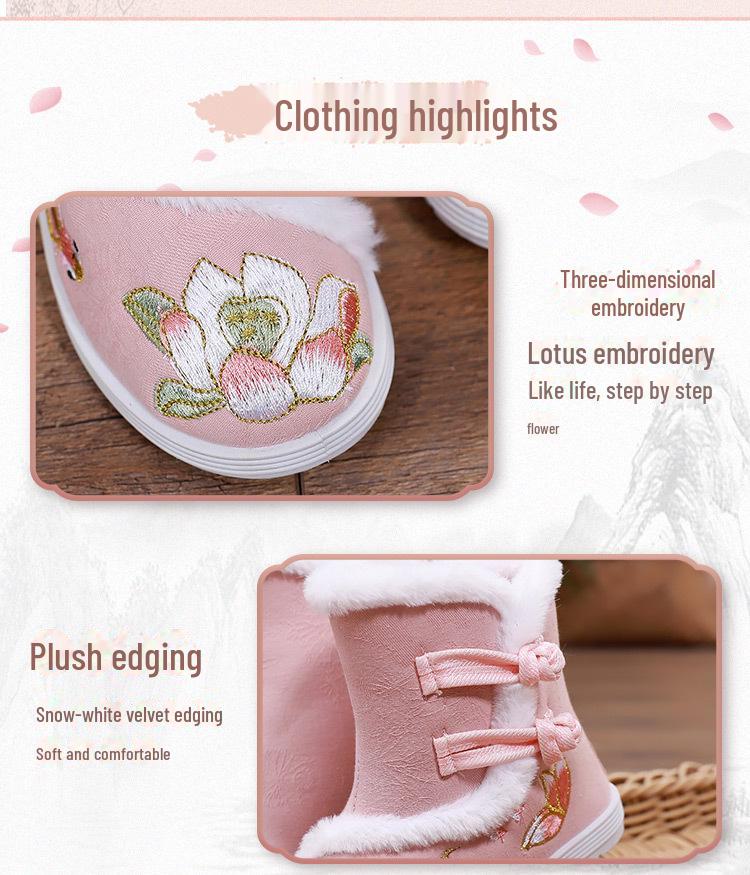 Embroidered Girls' Hanfu Winter Boots: Velvet-Lined Chinese Style New Year Shoes