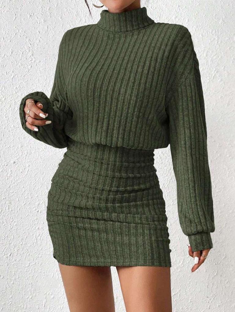 2025 Autumn High-Neck Ribbed Knit Dress: Long-Sleeved, Hip-Wrapping, Sexy Style for Europe and America