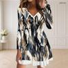 Women Plus Size V Neck Long Sleeve Blue White Printed Curved Hem Dress