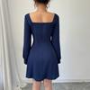 Fashion Loose A-line Mini Dress for Women Autumn Winter Soft Square Neck Bodycon Dress Long Sleeve Office Lady Navy Blue Dresses