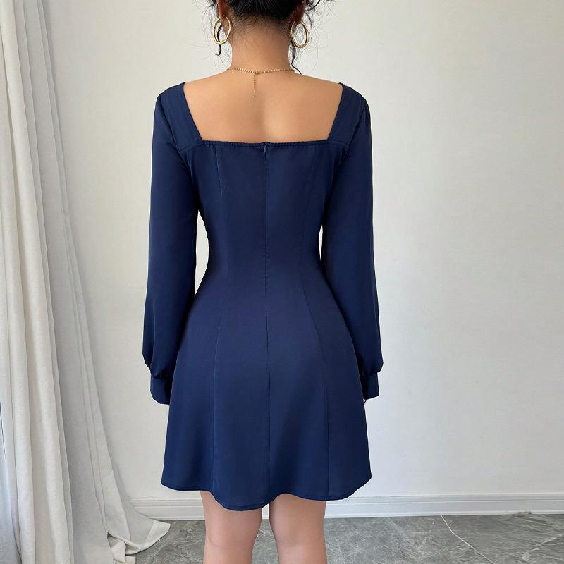 Fashion Loose A-line Mini Dress for Women Autumn Winter Soft Square Neck Bodycon Dress Long Sleeve Office Lady Navy Blue Dresses