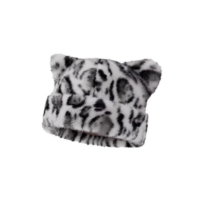 Chapeau bonnet en peluche imprimé léopard pour femmes, doux et mignon, épais et chaud, rétro et polyvalent, avec capuche. noir