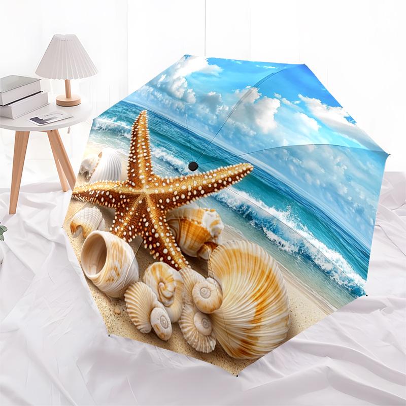 1 PC Automatic Folding Umbrella - Starfish Shells Pattern, Portable & Foldable Design with 8 Ribs, Christmas Birthday Gifts