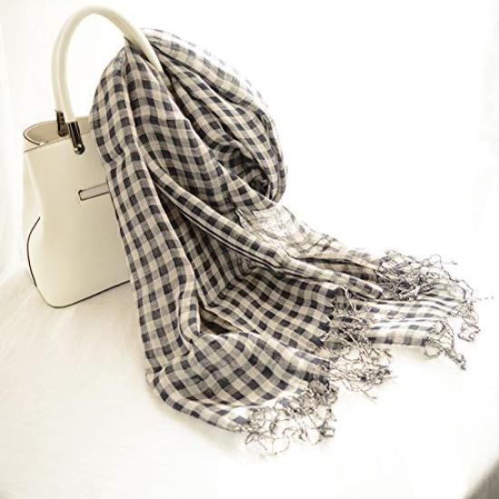 Linen Linen Linen Gingham Navy Blue and Pink [Dolly Para] Women's Scarf, Muffler, Stole, Check, (Navy Blue)