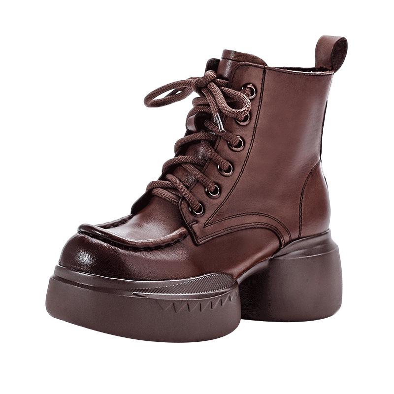 Genuine Leather Zippered Retro Platform Heel Women's Martin Boots