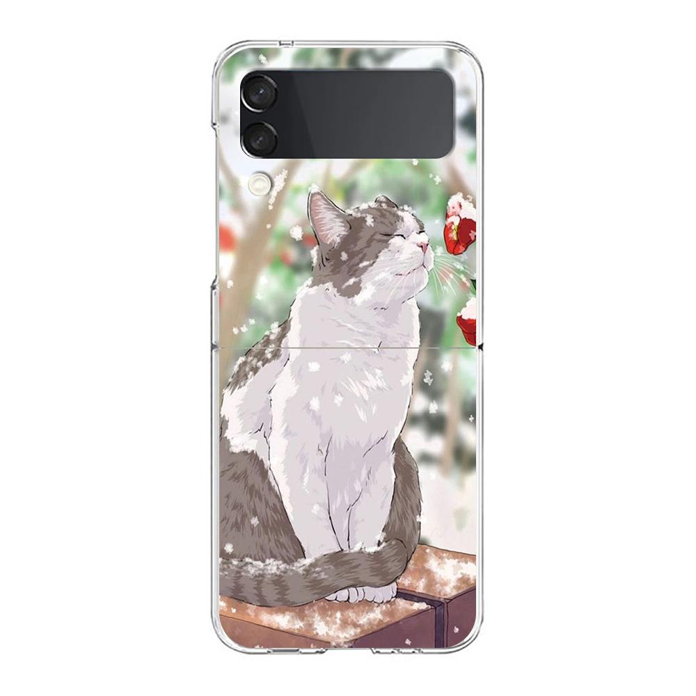 Fashion Lovely Cats Clear Phone Case For Samsung Galaxy Z Flip 3 4 5 Hard Folding Shell For Samsung Z Flip3 Transparent Cover