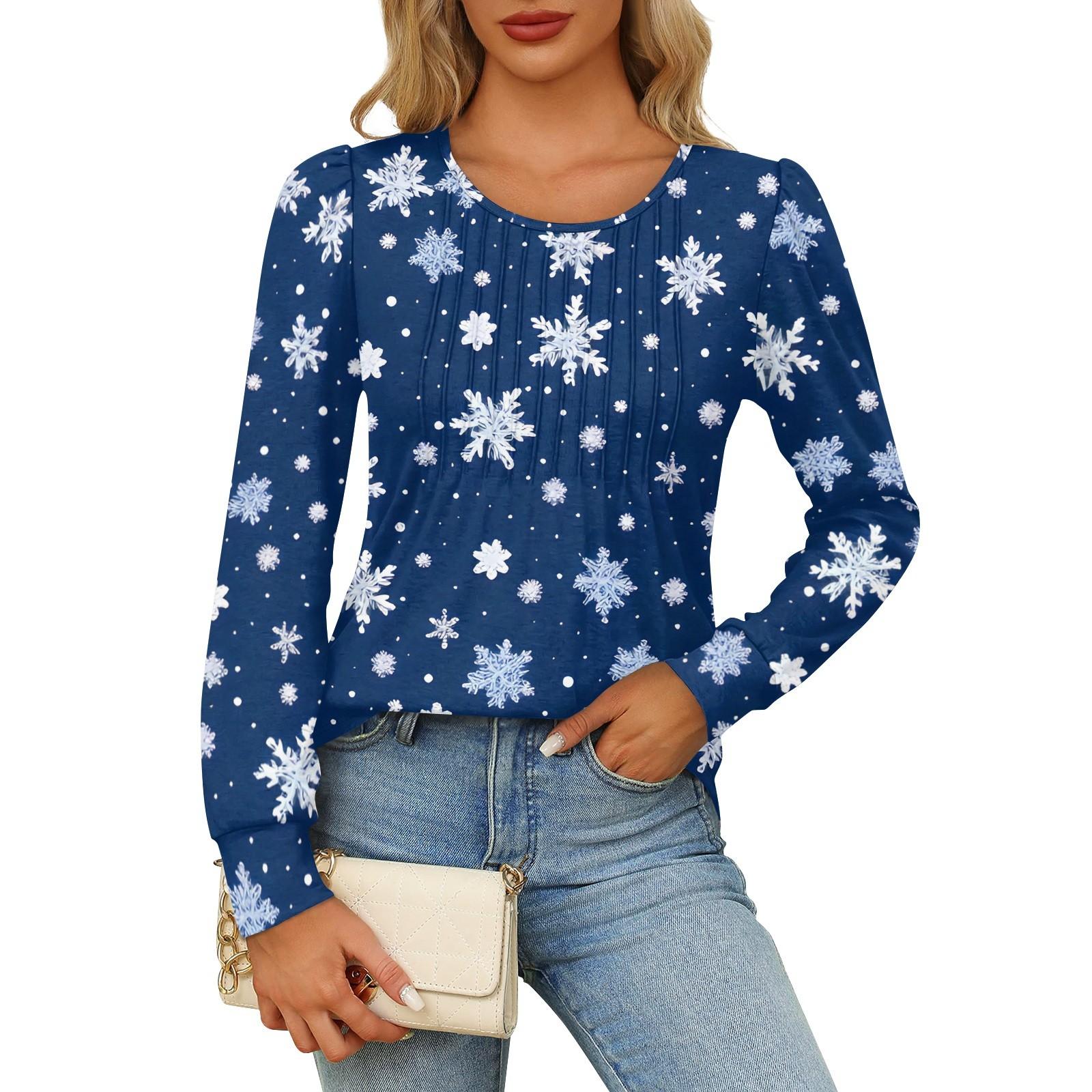 

Рубашки с длинным рукавом для женщин Милые принты Графические футболки Блузки Нарядные повседневные блузки Плиссированные туники с круглым вырезом Топы Рождество M