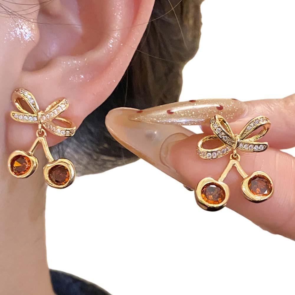 

Fruit Bow Cherry Earrings Copper Retro Fruit Earrings Fashion Bow Drop Earrings Girl Gifts золотой