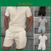 Solid Summer Men Color Waffle Zipup Lapel Shortsleeve Suit Shorts Two Sets
