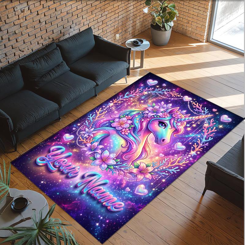 Alfombra de Suelo de Terciopelo de Cristal con Temática de Unicornio, Alfombra Cálida Personalizada con Nombre y Texto, Decoración del Hogar