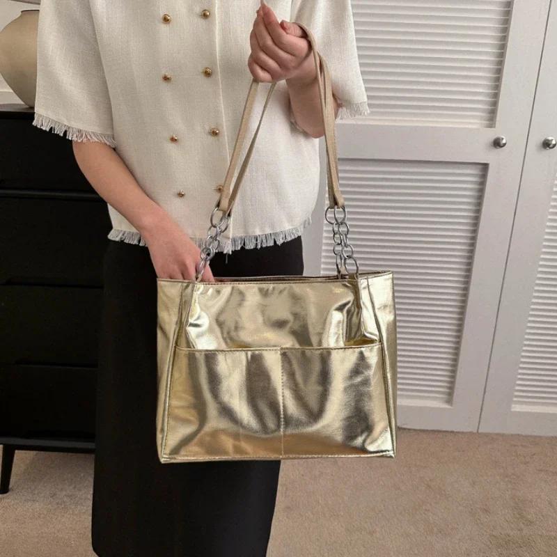 Casual Handbags for Women New Large-capacity Shoulder Bags Texture Bright Pu Leather Tote Bags for Women Chain Elegant Bags