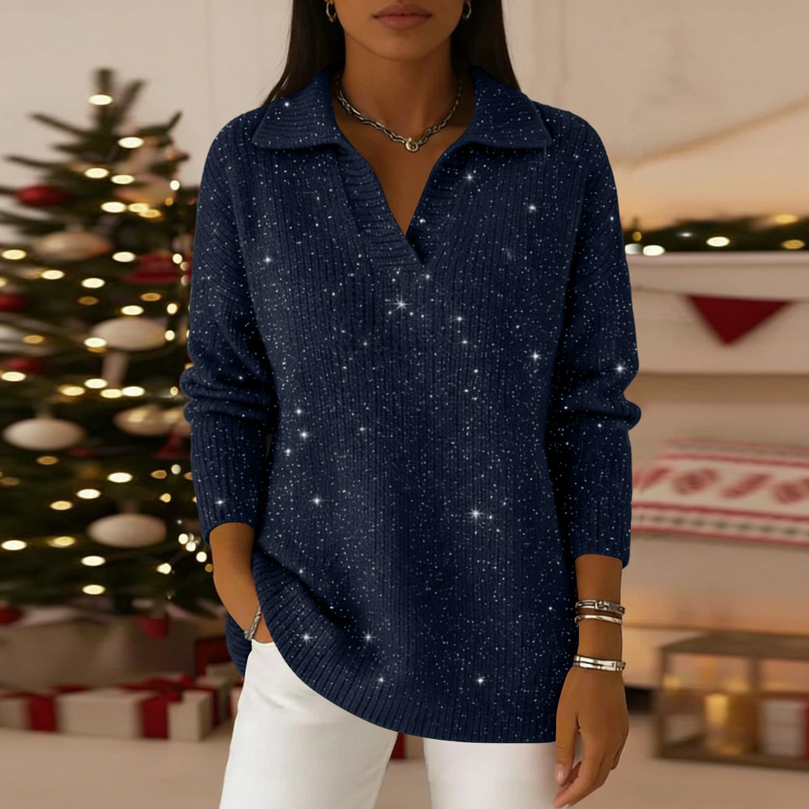 Women s Casual Long Sleeve Knit Sweater Pullover V Neck Collared Soft Stretchy Lightweight Pullover Top for Everyday Wear XXL