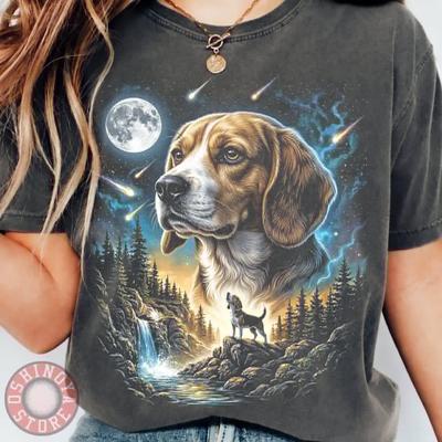 Beagle Moon Shirt and Kids Tshirt Cosmic Dog TShirt and Kids Tshirt, Meteor Night Sky Beagle Lover Gift, Nature Waterfall Graphic Tee Charcoal
