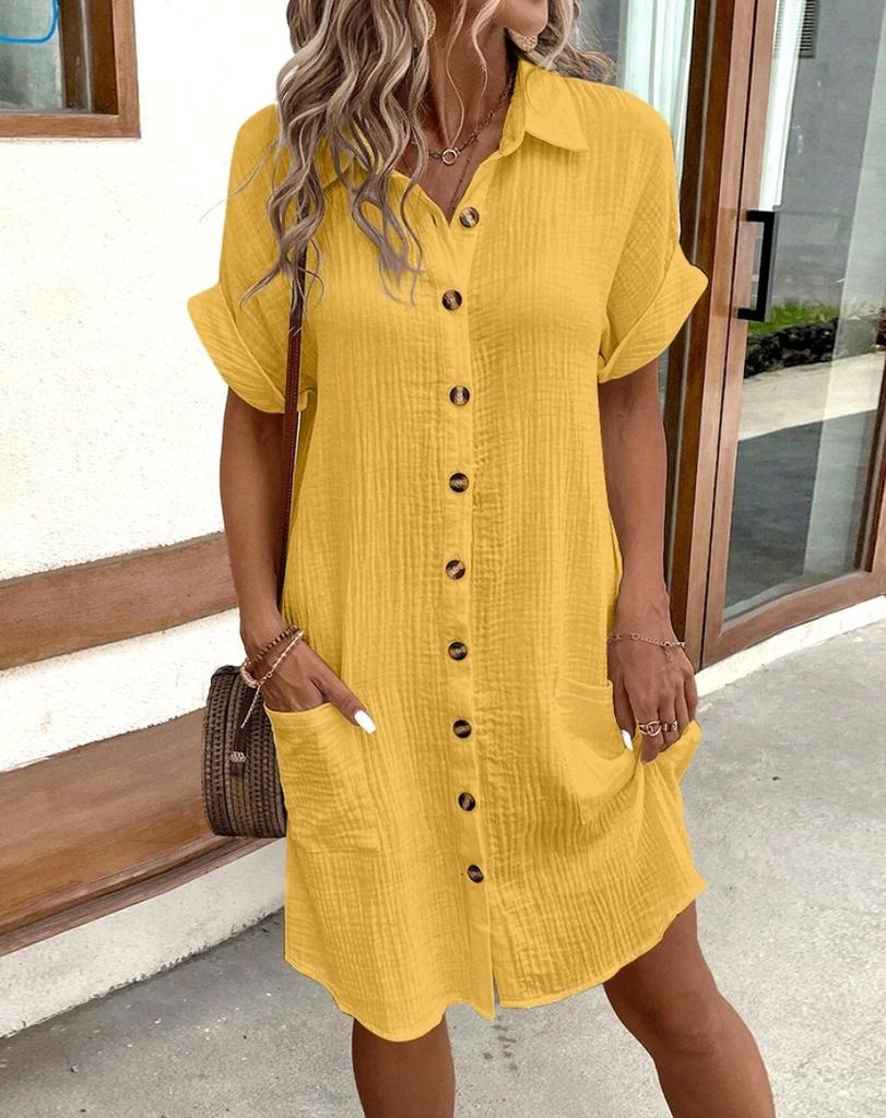 Summer Minimalist V-neck Button Up Dress for Women