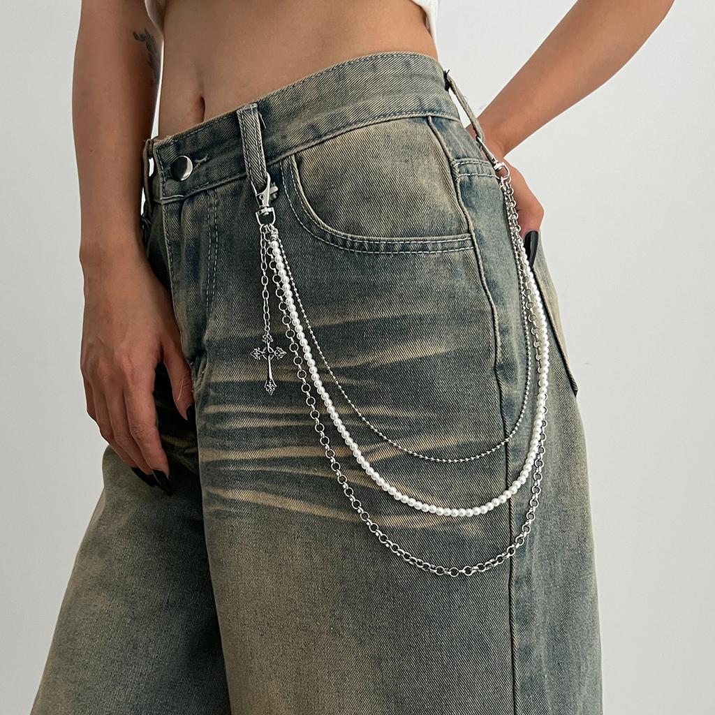 Hip-Hop Metal Cross Pendant Trouser Chain, Fashionable Imitation Pearl Beaded Chain Waist Pendant.
