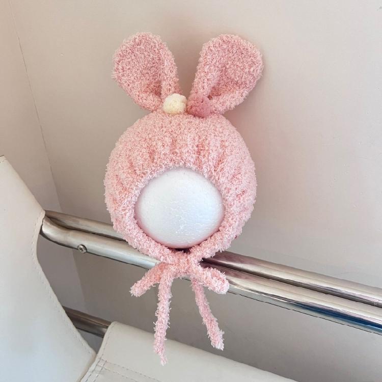 Baby Beanies with Tie Warm Lining Furry Pompoms Rabbit Ears Hat Adjustable Size Plush Hat Lovely Photo Props