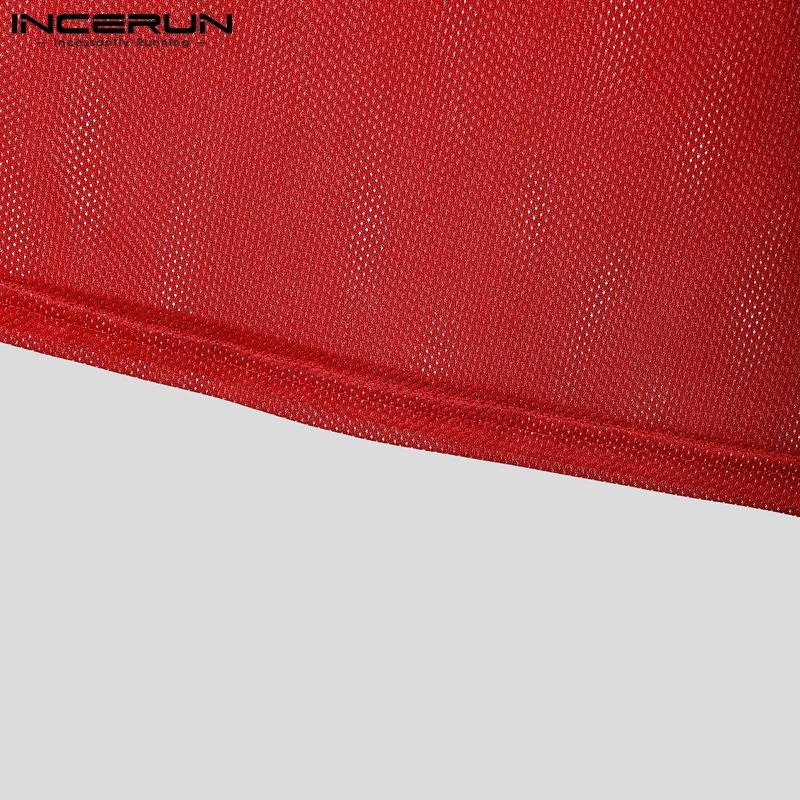 INCERUN Men Lace V Neck Sleeveless Letter Print Hollow Out Casual Tank Tops