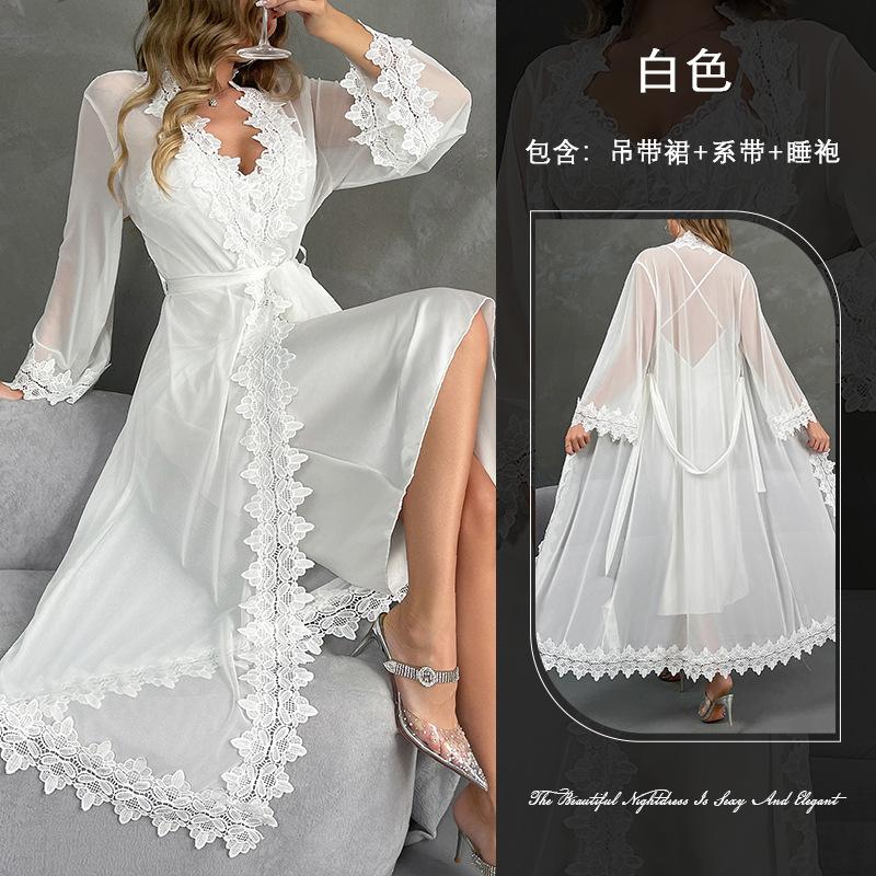 Damen sexy Spitzen-Nachthemd-Set Netz-Durchsicht langer Morgenmantel Trägerrock Loungewear 811