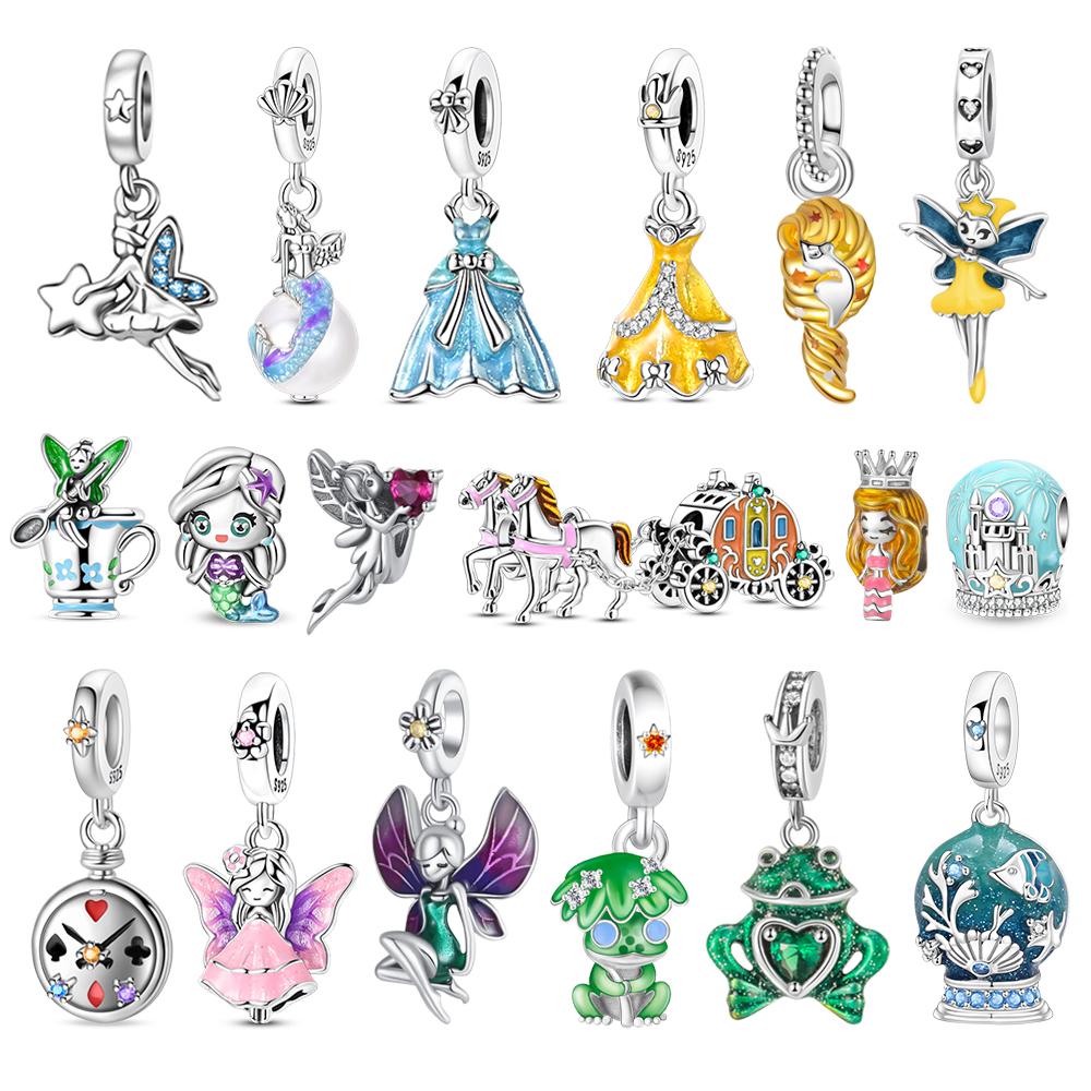 Memories 925 Silver Crystal Ball Fairy Crown Princess Dress Charm Fit DIY Bracelet Necklace Child's Birthday Gift
