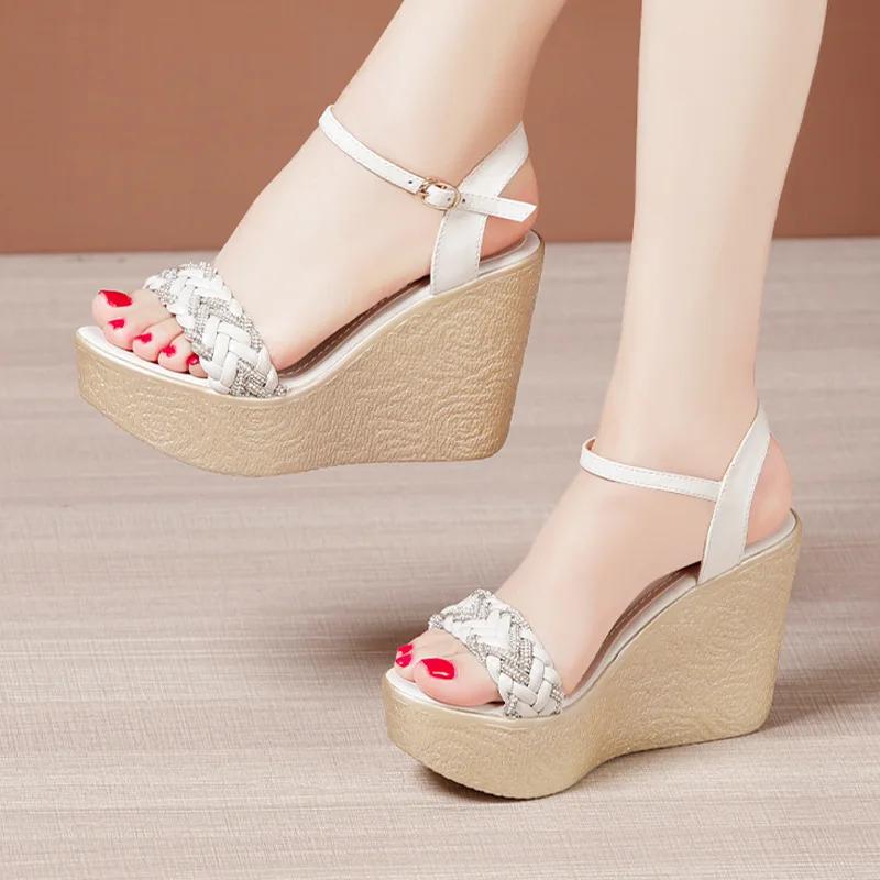 Mărimi Mici 32-43 Pantofi Eleganti cu Platforma cu Strasuri, Sandale cu Toc Inalt pentru Femei, Vara 2025, Piele, Office, Model Mama, Plaja