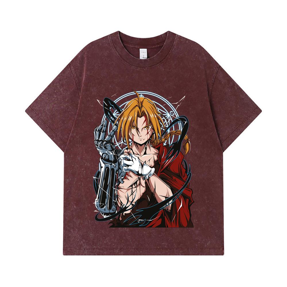 275 GSM Washed T-shirts 100% Cotton Fullmetal Alchemist V6 Edward Print Unisex Heavy Cotton T Shirt