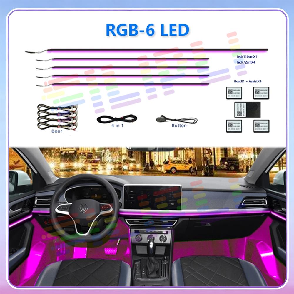 A Set Neon Car LED Interior Ambient Light Acrylic strip Decoration Atmosphere Lamp by App Adjustable Various Modes For car RGB 6P