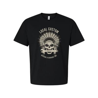Unisex Motorrad Totenkopf Kopfschmuck T-Shirt mit Schraubenschlüssel Emblem und Lokaler Custom Garage