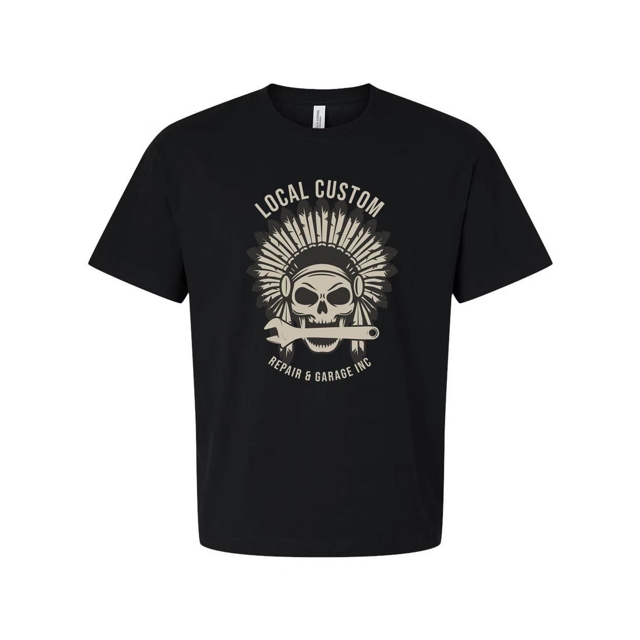 

Unisex Motorcycle Skull Headdress Tee With Wrench Emblem And Local Custom Garage S