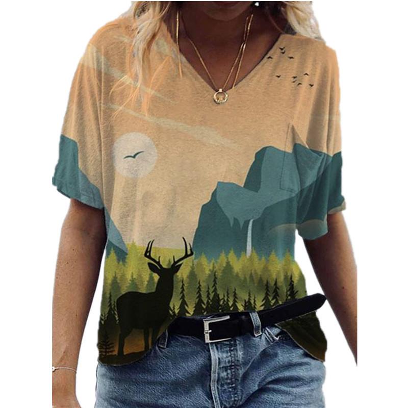 Loose V-neck Short Sleeved Summer Youth Women's 3D Printed T-shirt