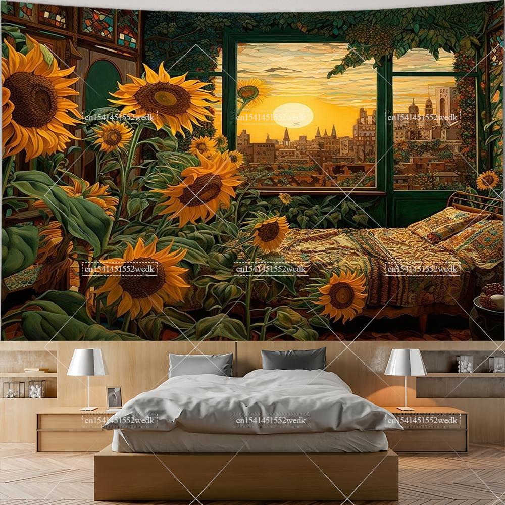Monet Van Gogh Starry Night Sunflower Tapestry Window Wall Tapestrys Murals Landscape Tapestries Aesthetic Room Decor Wallpapers