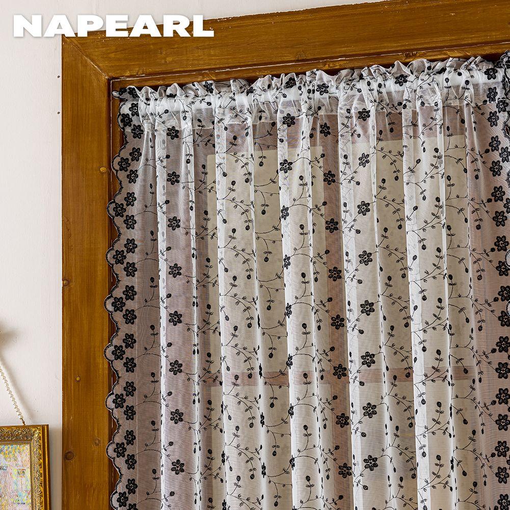 1 Stück NAPEARL Französische Landschaft Blumenstickerei Transparenter Vorhang, Wellen-Spitzen-Durchscheinender Vorhang für Wohnzimmer Schlafzimmer Heimdekoration