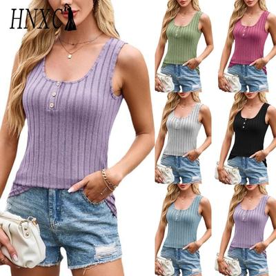 Bluse e Camicie Casual Moda Donna Colore Solido Stampa Senza Maniche Scollo a U HNXC