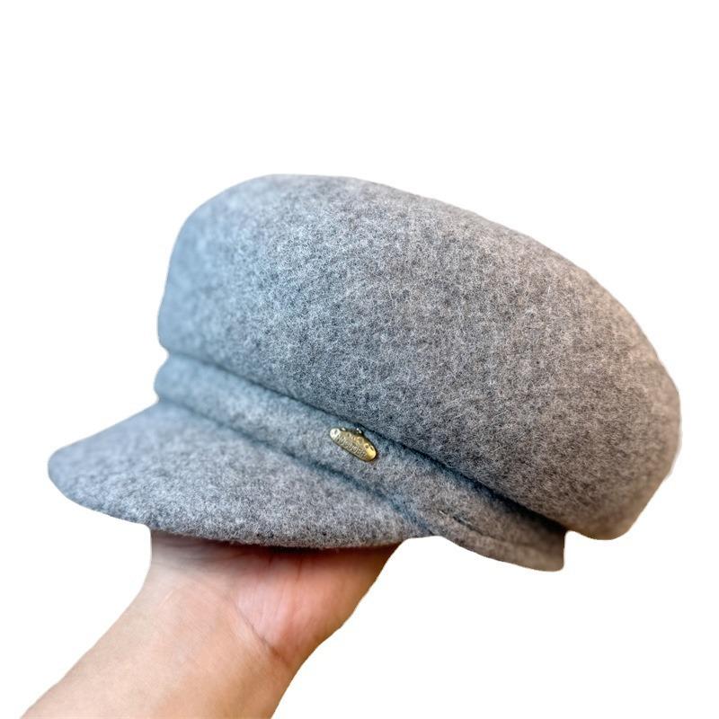 Wollbarett Damen Herbst und Winter Vielseitiges Temperament Entenschnabelmütze Koreanischer Stil Gesicht zeigend Klein Warm Retro Schiebermütze