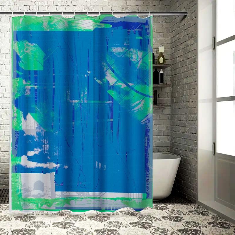 

Modern Bathroom Decor Shower Curtain Set Bold Blue Green Abstract Design for Home Bathrooms Waterproof Fabric with Silver Eyelet 90x180cm