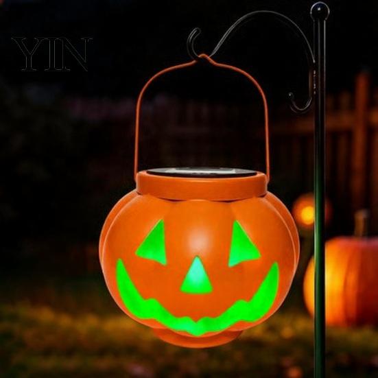 Reusable Halloween Ornament Pumpkin Solar Lantern, Waterproof Outdoor Hanging Light, Orange Patio Garden Fall Decor Spooky Face Lantern for
