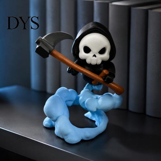Cute Grim Reaper Figure 3D Printed Figurine with Cloud Base, Environmental Friendly Ornament Skeleton Scythe Statue, Halloween Decorative Collectible