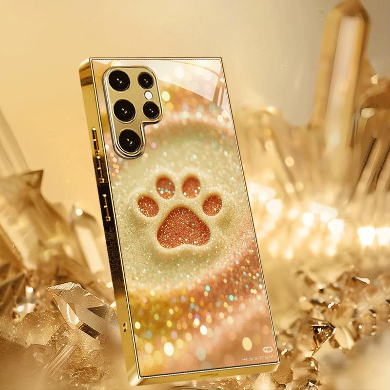 

Позолоченный чехол для телефона из закаленного стекла, совместимый с Galaxy S26 S25 S24 S23 S22 Ultra Plus. Имеет дизайн с текстурой золотой кошачьей лапы. For Galaxy S26