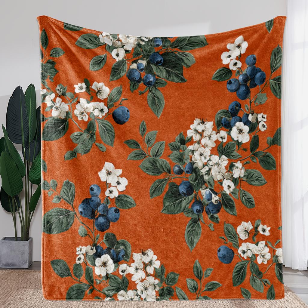 1pc Zeal Lily Vintage Floral Throw Blanket - Soft Flannel All-Season Warmth, Cozy Orange & Navy Blue with White Flowers & Green
